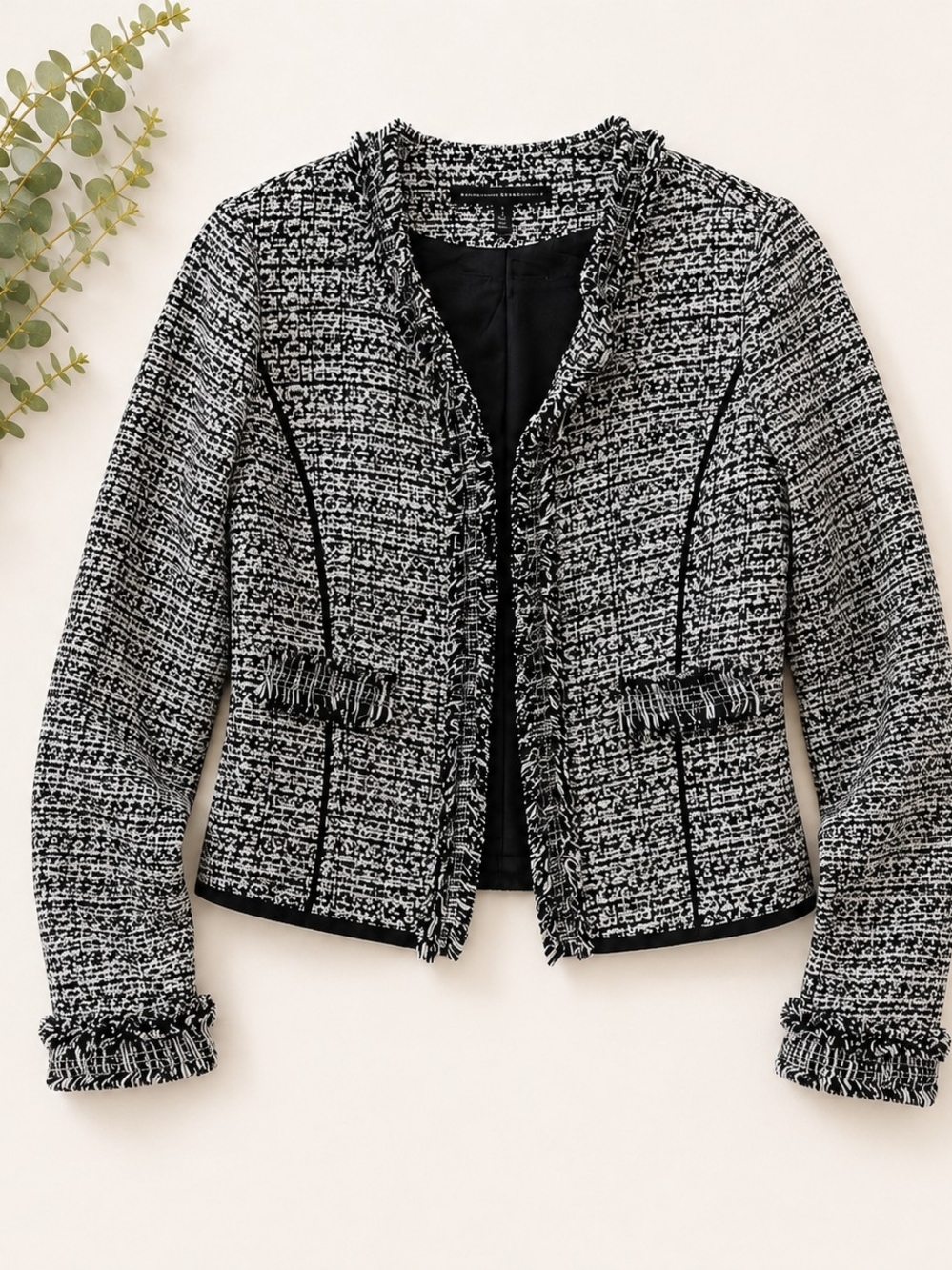 White House Black Market Tweed Fringe Jacket Black White M